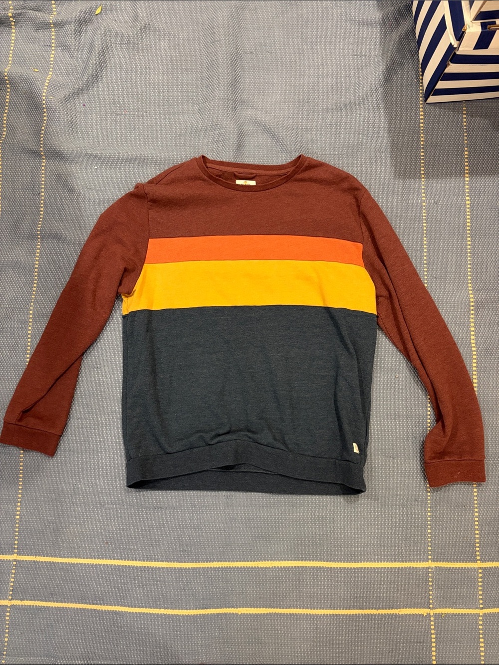 Marine Layer Colorblock Crewneck in Burgundy, Orange, Yellow, and Navy